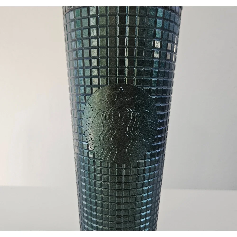 Starbucks Cold Cup Tumbler 24 Oz Dark Green Metallic Grid Holiday 2021